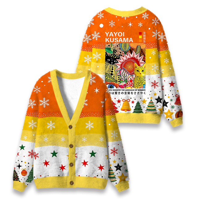 Uglysweatershops Cats and Flowers Fuzzy Ugly Cardigan Sweatshirt
