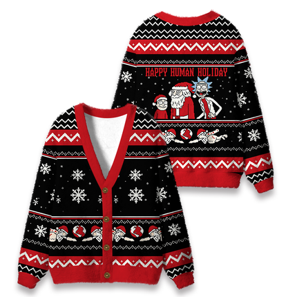 Uglysweatershops Happy Human Holiday Fuzzy Ugly Cardigan Sweatshirt