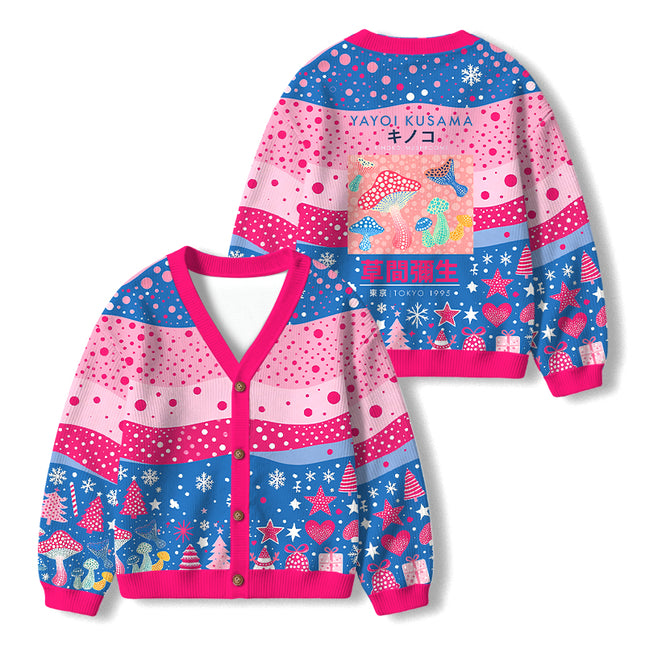 Uglysweatershops Art Pink Mushroom Vintage Kids Ugly Cardigan Sweater