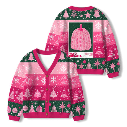 Uglysweatershops Art Pink Pumpkin Kids Ugly Cardigan Sweater