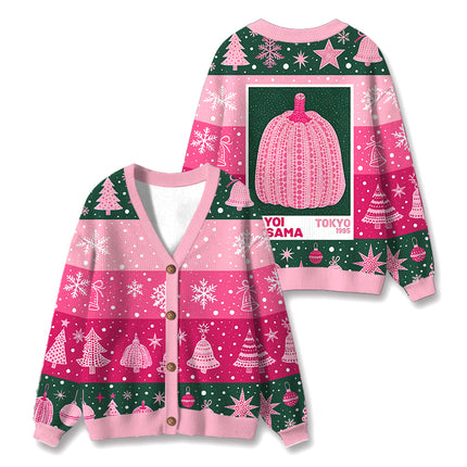 Uglysweatershops Art Pink Pumpkin Ugly Cardigan Sweater
