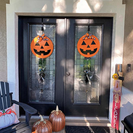 Uglysweatershops Halloween 2-Pack Wooden Pumpkin Wreath Door Decoration