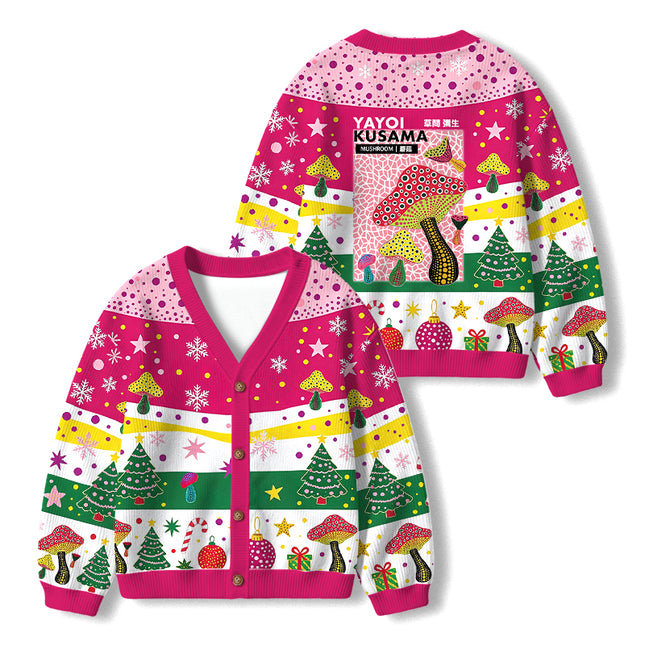 Uglysweatershops Art Mushroom Vintage Kids Ugly Cardigan Sweater