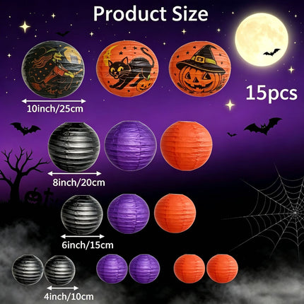 Uglysweatershops Halloween 15-Pack Cartoon Witch Pumpkin Black Cat Holiday Decoration Paper Lanterns