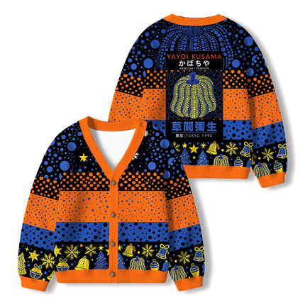 Uglysweatershops Art Navy Yellow Pumpkin Kids Ugly Cardigan Sweater