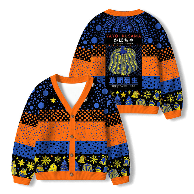 Uglysweatershops Art Navy Yellow Pumpkin Kids Ugly Cardigan Sweater