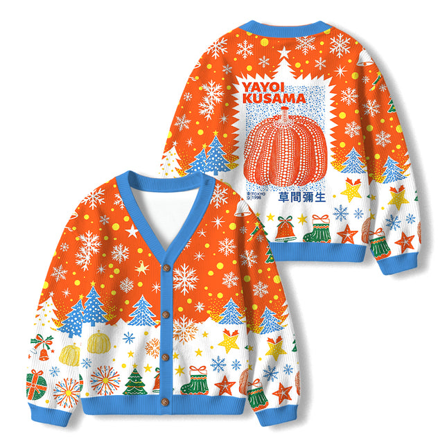 Uglysweatershops Blue Orange Pumpkin Kids Ugly Cardigan Sweater