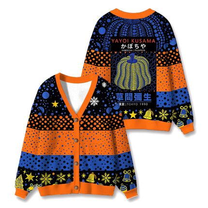 Uglysweatershops Art Navy Yellow Pumpkin Ugly Cardigan Sweater