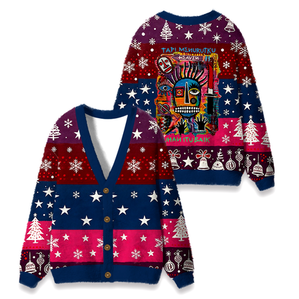 Uglysweatershops Primitive Chaos Abstract Face Fuzzy Ugly Cardigan Sweatshirt