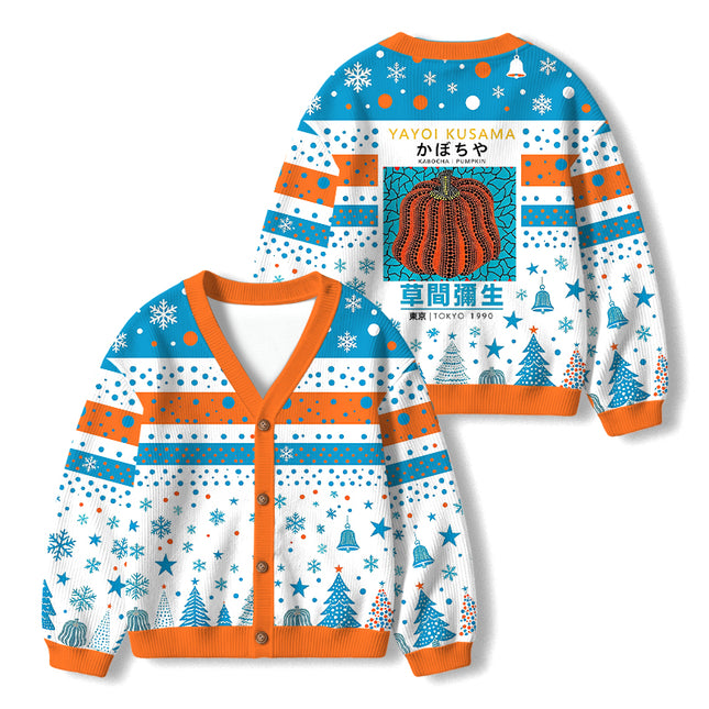 Uglysweatershops Orange Red Pumpkin Kids Ugly Cardigan Sweater