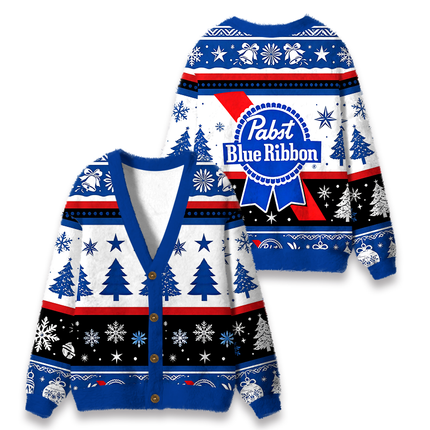 Uglysweatershops Retro Blue Ribbon Fuzzy Ugly Cardigan Sweatshirt