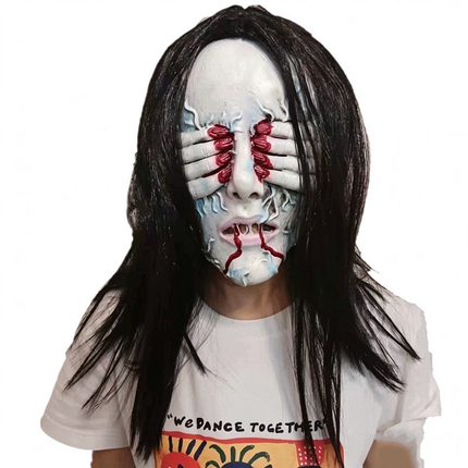 Uglysweatershops Halloween Scary Hand-Cover Eyes Ghost Mask, Long Hair Female Ghost Headgear