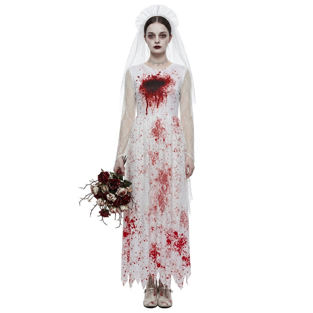 Uglysweatershops Halloween Ghost Bride Bloodstained White Wedding Dress-no flowers