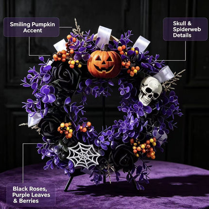 Uglysweatershops Halloween Pumpkin Skull Wisteria Wreath Art Door Decoration