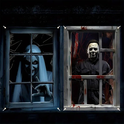 Uglysweatershops Halloween 2-Piece Horror Ghost Window Decoration Door Curtain