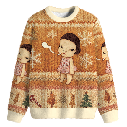 Uglysweatershops Smoking Girl Fuzzy Christmas Ugly Sweatshirt