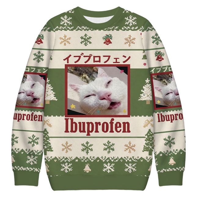 Uglysweatershops Green Ibuprofen Meme Cat Christmas Ugly Sweatshirt