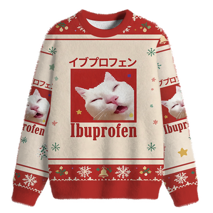 Uglysweatershops Red Ibuprofen Meme Cat Fuzzy Christmas Ugly Sweatshirt