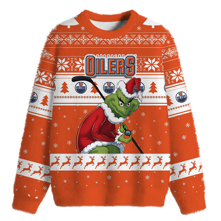 Uglysweatershops Oilers Fuzzy Christmas Ugly Sweatshirt
