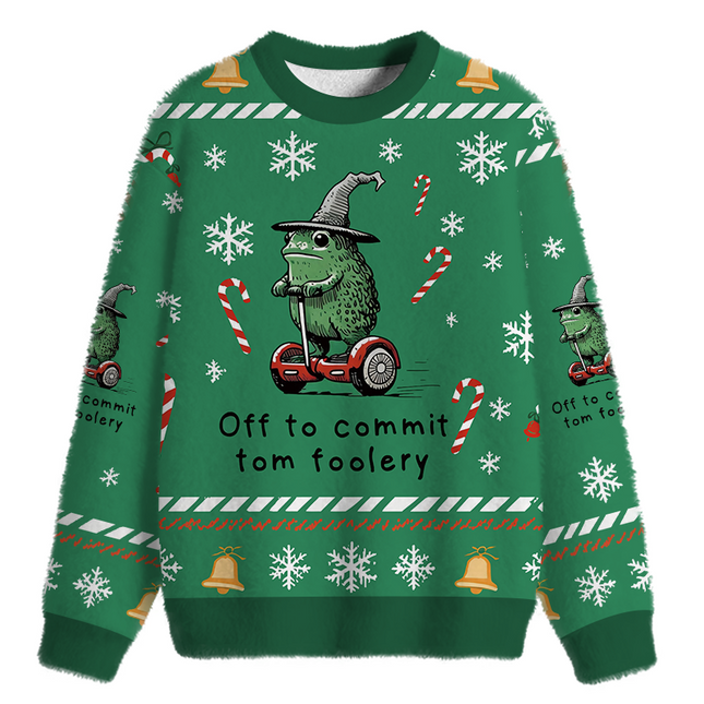 Uglysweatershops Frog Riding A Balance Scooter Fuzzy Christmas Ugly Sweatshirt
