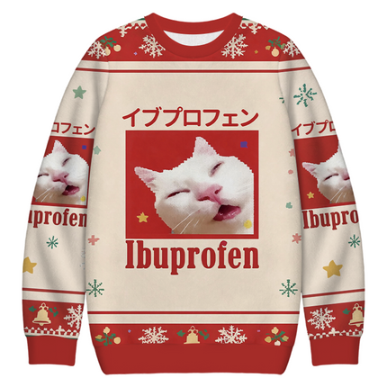 Uglysweatershops Red Ibuprofen Meme Cat Christmas Ugly Sweatshirt