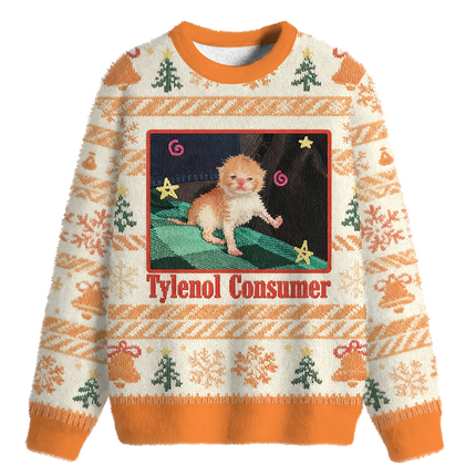 Uglysweatershops Tylenol Cat Meme Fuzzy Christmas Ugly Sweatshirt