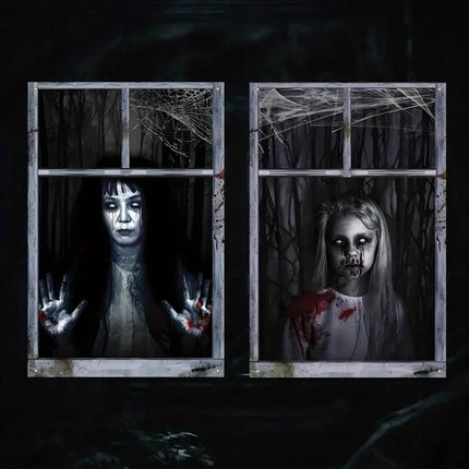 Uglysweatershops Halloween 2-Piece Horror Ghost Window Decoration Door Curtain