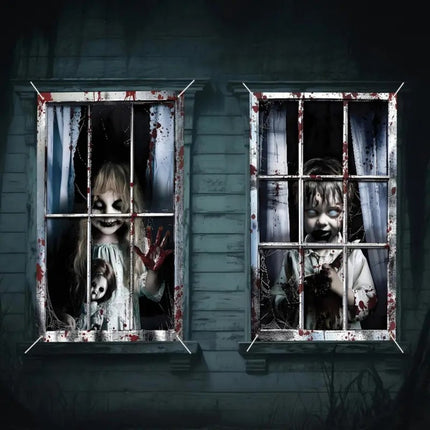 Uglysweatershops Halloween 2-Piece Horror Ghost Window Decoration Door Curtain