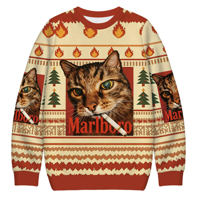 Uglysweatershops Funny Smoking Cat Christmas Ugly Sweatshirt