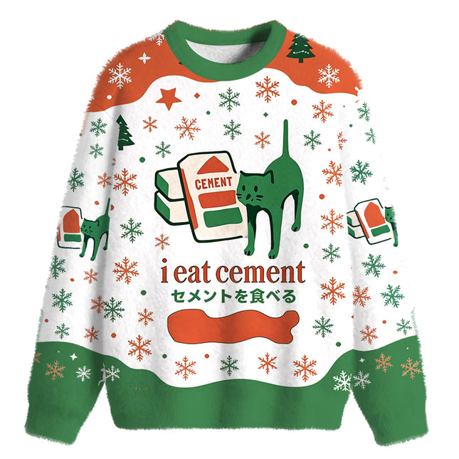 Uglysweatershops Cement Cat Fuzzy Christmas Ugly Sweatshirt