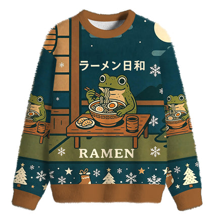 Uglysweatershops Japanese Frog Eating Ramen Fuzzy Christmas Ugly Sweatshirt