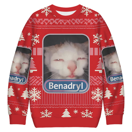 Uglysweatershops Red Psychedelic Cat Christmas Ugly Sweatshirt
