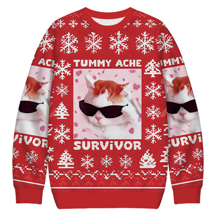 Uglysweatershops Tummy Ache Survivor Funny Cat Meme Christmas Ugly Sweatshirt