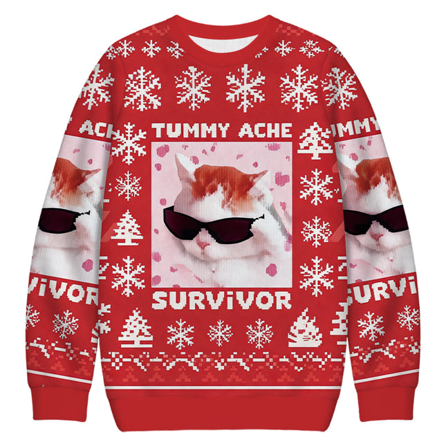 Uglysweatershops Tummy Ache Survivor Funny Cat Meme Christmas Ugly Sweatshirt