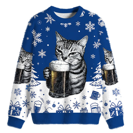 Uglysweatershops Cheers With The Cat Fuzzy Christmas Ugly Sweatshirt