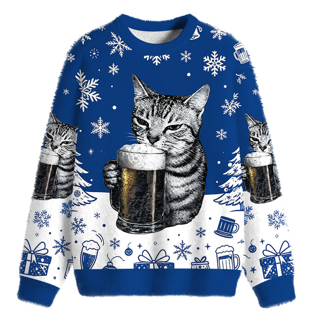 Uglysweatershops Cheers With The Cat Fuzzy Christmas Ugly Sweatshirt