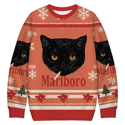 Uglysweatershops Smoking Black Cat Vintage Christmas Ugly Sweatshirt