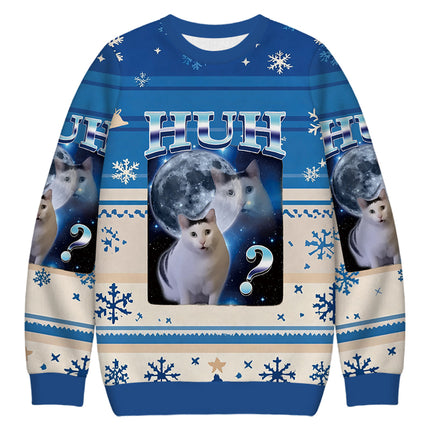 Uglysweatershops Huh Cat Funny Dank Meme Moon Christmas Ugly Sweatshirt