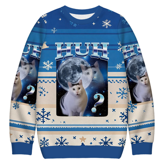 Uglysweatershops Huh Cat Funny Dank Meme Moon Christmas Ugly Sweatshirt