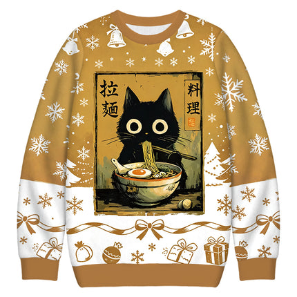 Uglysweatershops Cute Black Cat Eating Ramen Christmas Ugly Sweatshirt