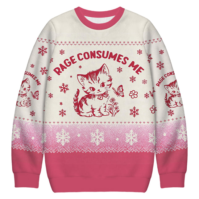 Uglysweatershops Rage Consumes Me Pink Cat Christmas Ugly Sweatshirt