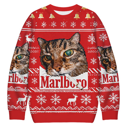 Uglysweatershops Red Funny Smoking Cat Meme Christmas Ugly Sweatshirt