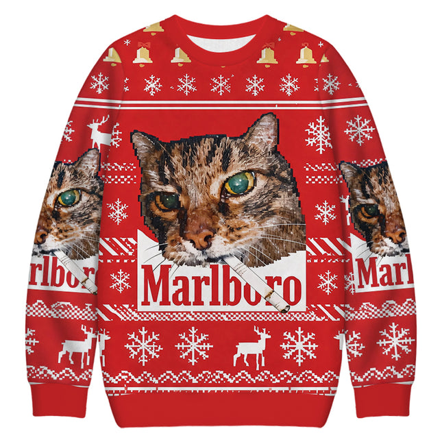 Uglysweatershops Red Funny Smoking Cat Meme Christmas Ugly Sweatshirt