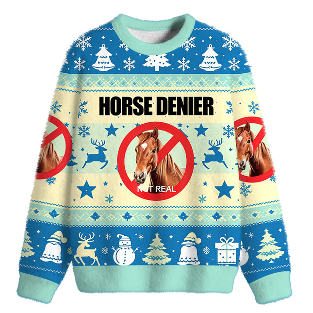 Uglysweatershops Horse Denier Funny Horses Fuzzy Christmas Ugly Sweatshirt