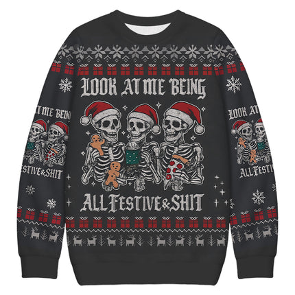 Uglysweatershops Look at Me Being Festive Skeleton Christmas Ugly Sweatshirt