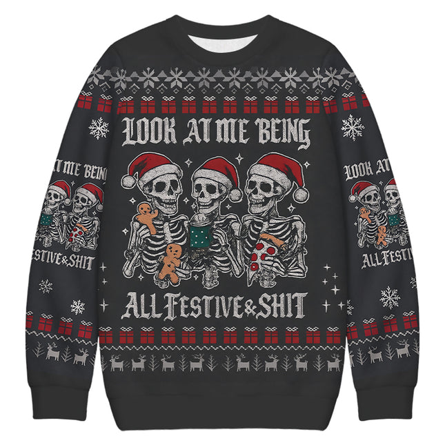 Uglysweatershops Look at Me Being Festive Skeleton Christmas Ugly Sweatshirt