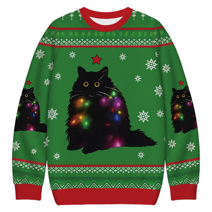 Uglysweatershops Lights Cat Green Christmas Ugly Sweatshirt