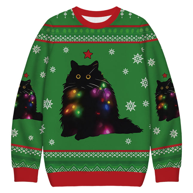 Uglysweatershops Lights Cat Green Christmas Ugly Sweatshirt
