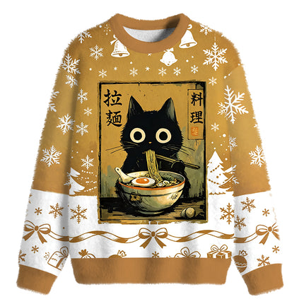 Uglysweatershops Cute Black Cat Eating Ramen Fuzzy Christmas Ugly Sweatshirt