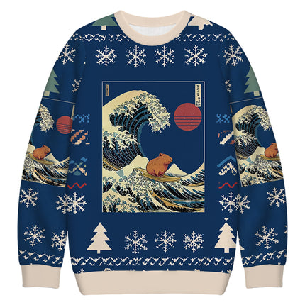 Uglysweatershops Capybara Surfing Christmas Ugly Sweatshirt